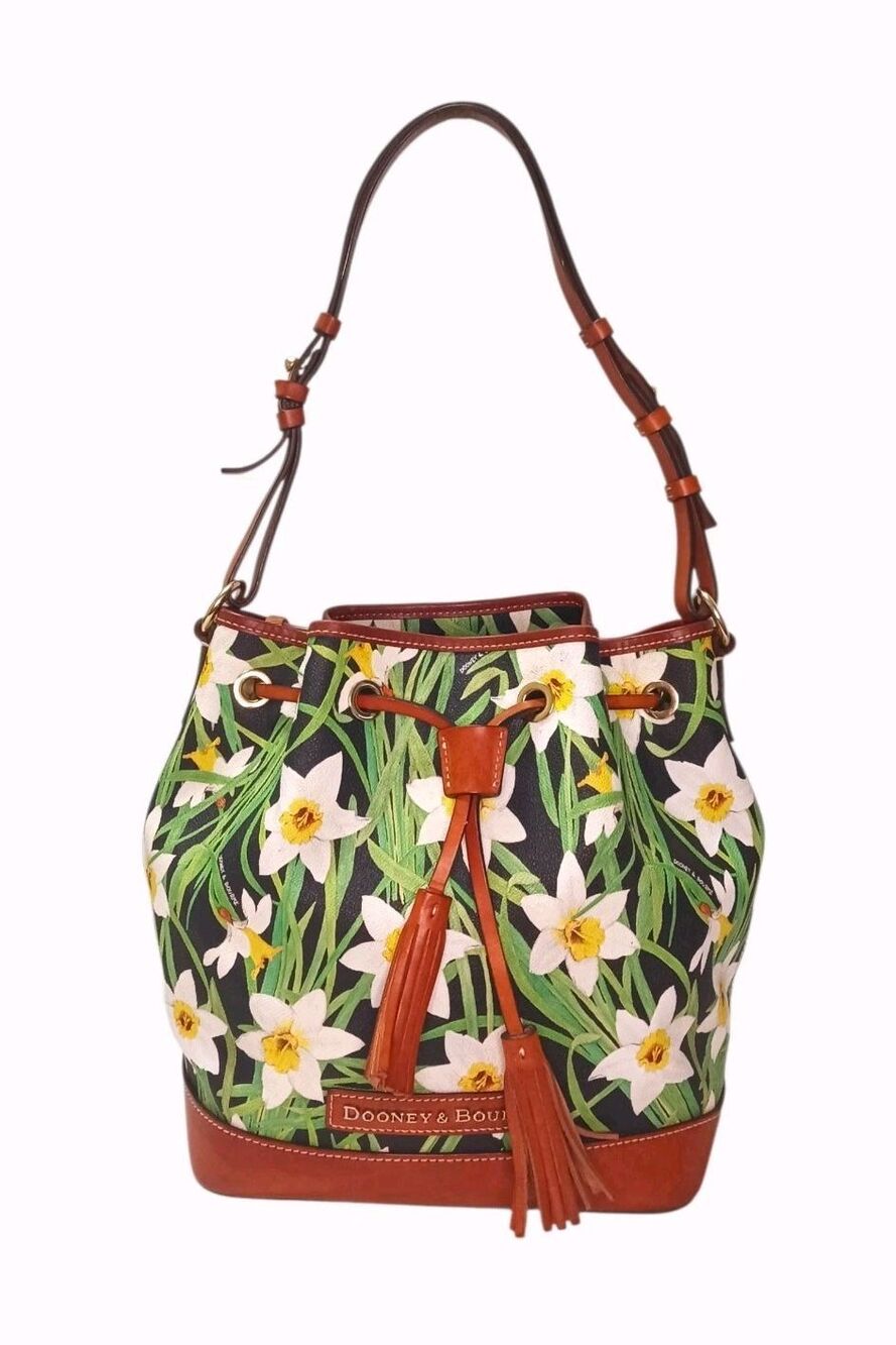 Dooney & Bourke Spring Daffodil Flowers Drawstring Leather Bucket Bag Purse